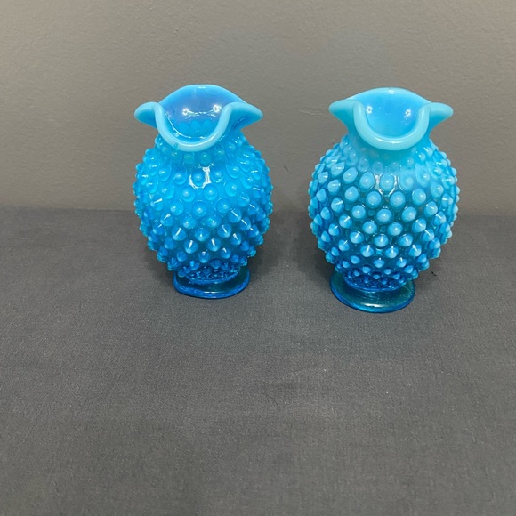 Fenton Other - Vintage FENTON Blue Opalescent Hobnail Mini Ruffled Vases Pair #3953 Mid-Century